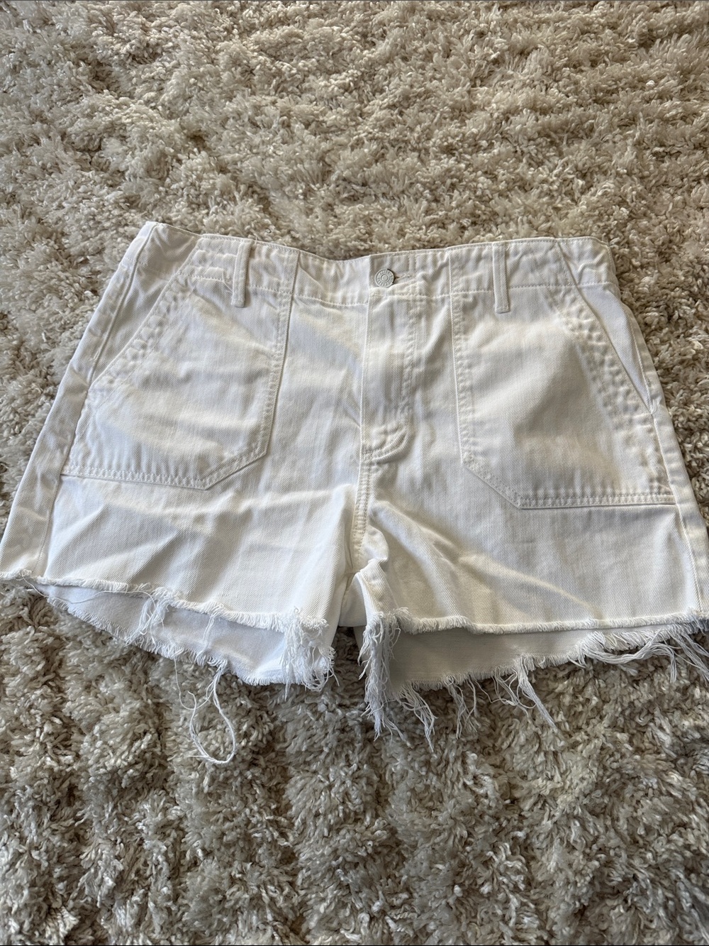 PAIGE White Frayed Hem Denim Shorts